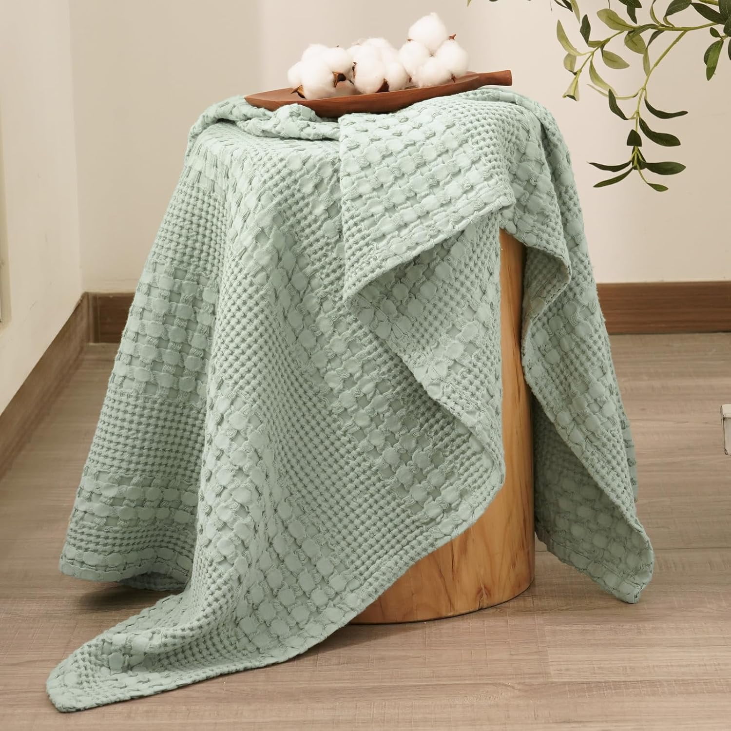 PHF 100% Cotton Waffle Weave Blanket, Lightweight Throw Washed Blanket for Bed Sofa Home Decor, Sage Green, 50"x60"