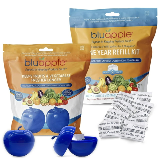 Bluapple Blue Produce Freshness Balls Fresh Extender + One-Year Refill Kit 15 Months Pack Absorb Ethylene Gas