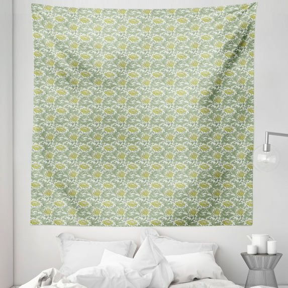 Floral Tapestry, Flourishing Nature Ornamental Victorian Design Inspired Foliage Leaves, Fabric Wall Hanging Decor for Bedroom Living Room Dorm, 5 Sizes, Pale Yellow Pale Green, by Ambesonne