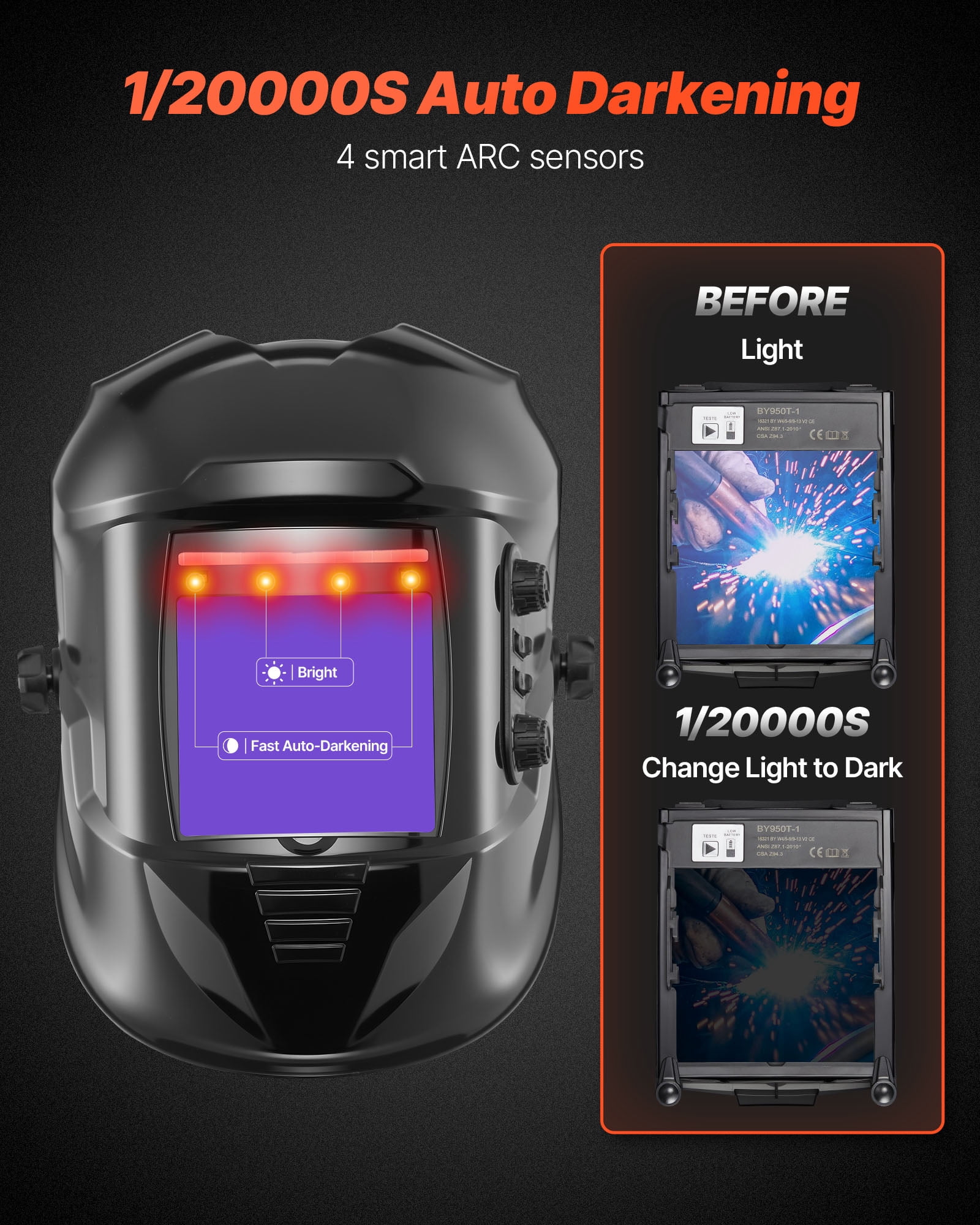 VEVOR Welding Helmet Auto Darkening, 3.94" x 3.74" True Color Welding Hood, 1/1/1/1 Solar-Powered Welder Mask 4 Arc Sensors,Wide Shade 4/5-9/9-13 for TIG MIG ARC Weld Grinding Cutting - METIS Series