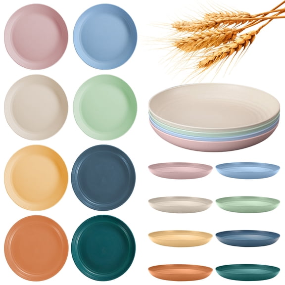 GIRACOA Unbreakable Deep Plates Set, 8 Pcs 9.8inch Reusable Plastic Wheat Straw Dinner Plates(Colorful Series)