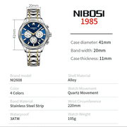 NIBOSI Chronograph Watches for Men Casual Classic Dial Outdoor Watch Silver Black Tone Stainless Steel Waterproof Mens Watch