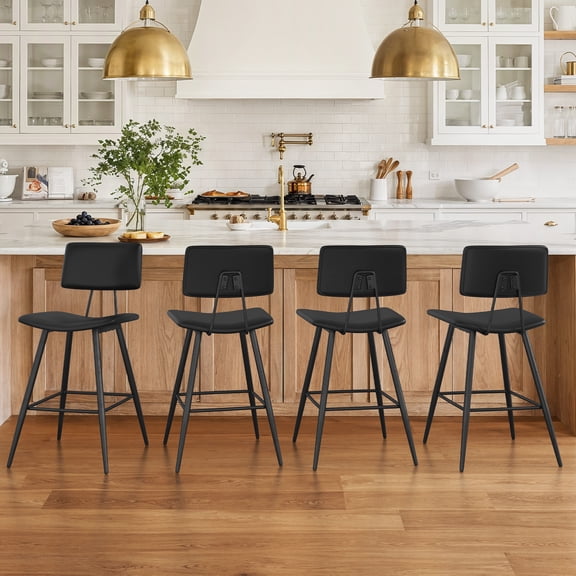 Carolayne 24.8" Counter Height Bar Stools Set of 4, Upholstered Barstools with Curved Back & Metal Legs, Black