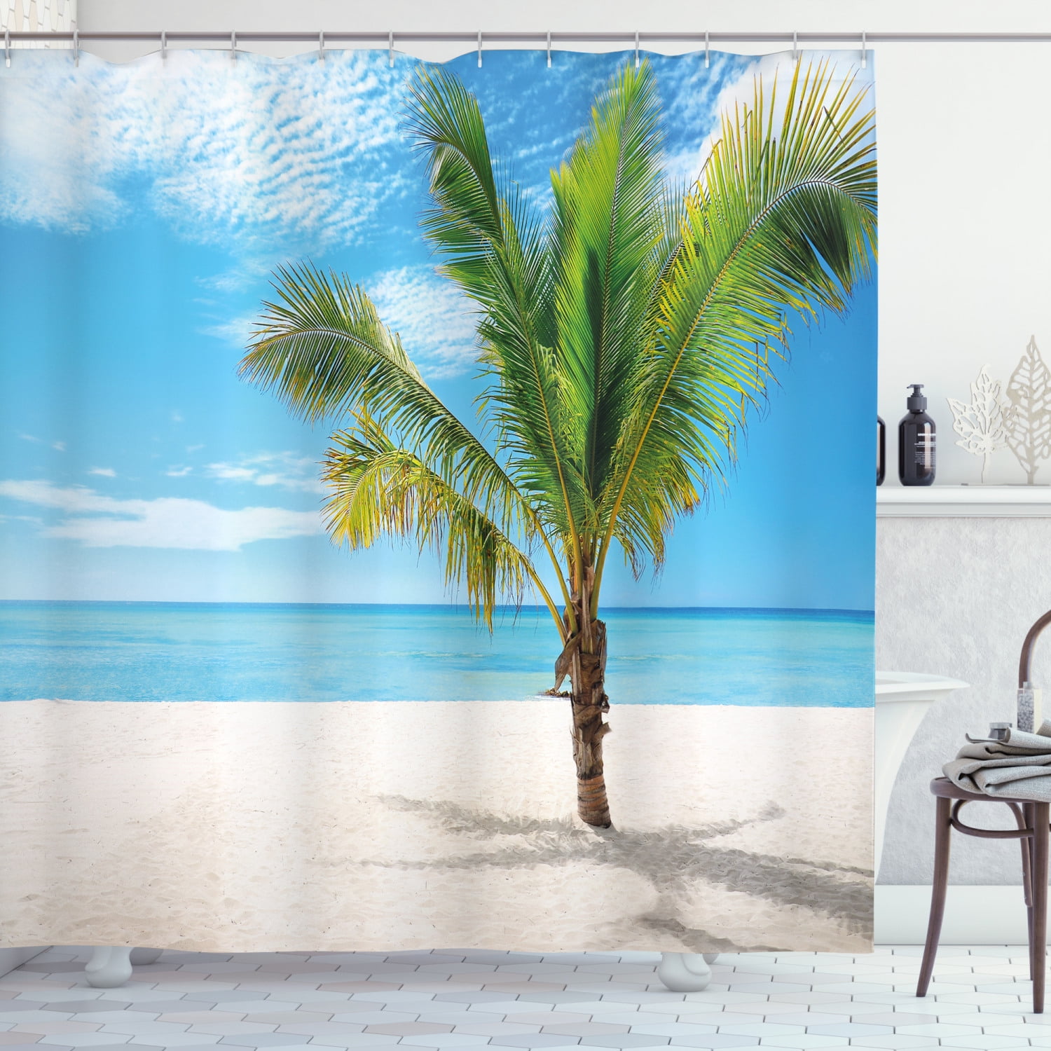 Tropical Beach Green Palm Trees Shower Curtain Set Bathroom Waterproof Fabric 