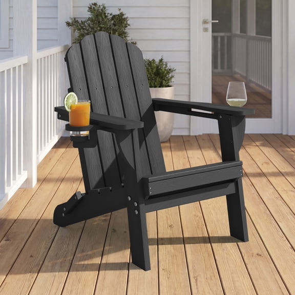 Folding Adirondack Chair, HDPE Patio Adirondack Chair with 2 Cup Holders, All-Weather Outdoor Chairs, Fire Pit Chairs for Patio, Garden, Poolside, Black