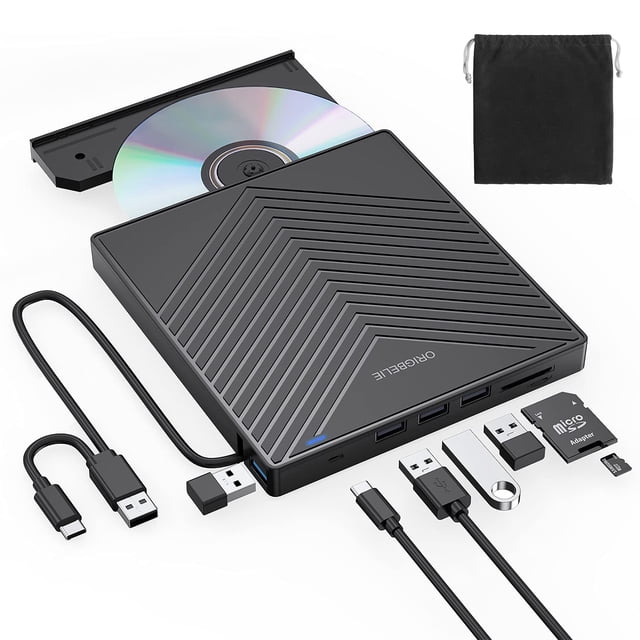 ORIGBELIE Unidad de CD DVD Externa, Grabadora de CD Ultra Delgada USB 3.0 con 4 Puertos USB y 2 Ranuras para Tarjetas TF/SD, Unidad de Disco óptico para computadora portátil Mac, PC Windows 11/10/8/7