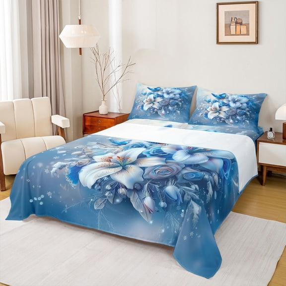 Homewish Blue Floral Blower Queen Sheet Sets, Mystic Butterfly Moth Flat Sheet, Winter Snowflake Queen Fitted Sheet, Super Cozy Room Decor, 4 Pieces