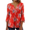 thumbnail image 2 of Womens Tops Ladies Top Floral Print V-Neck Short Sleeve Button T-Shirt Beige L, 2 of 5