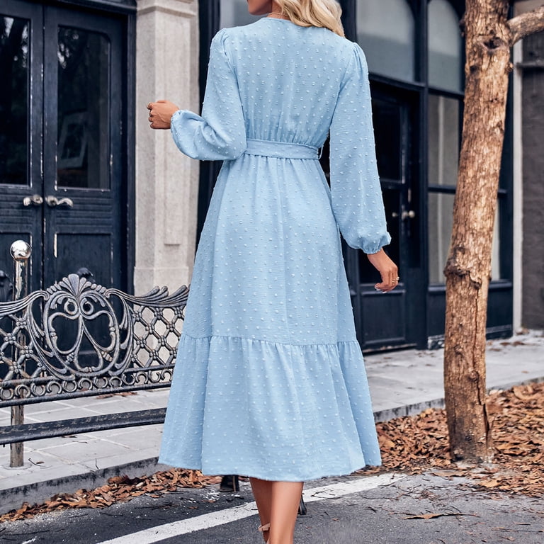 Lindreshi Fall Dresses for Women 2025 Homecoming Dresses Women's Fashion Casual Solid Long Sleeve V-Neck Bandage Long Dress, Size: Large, Blue
