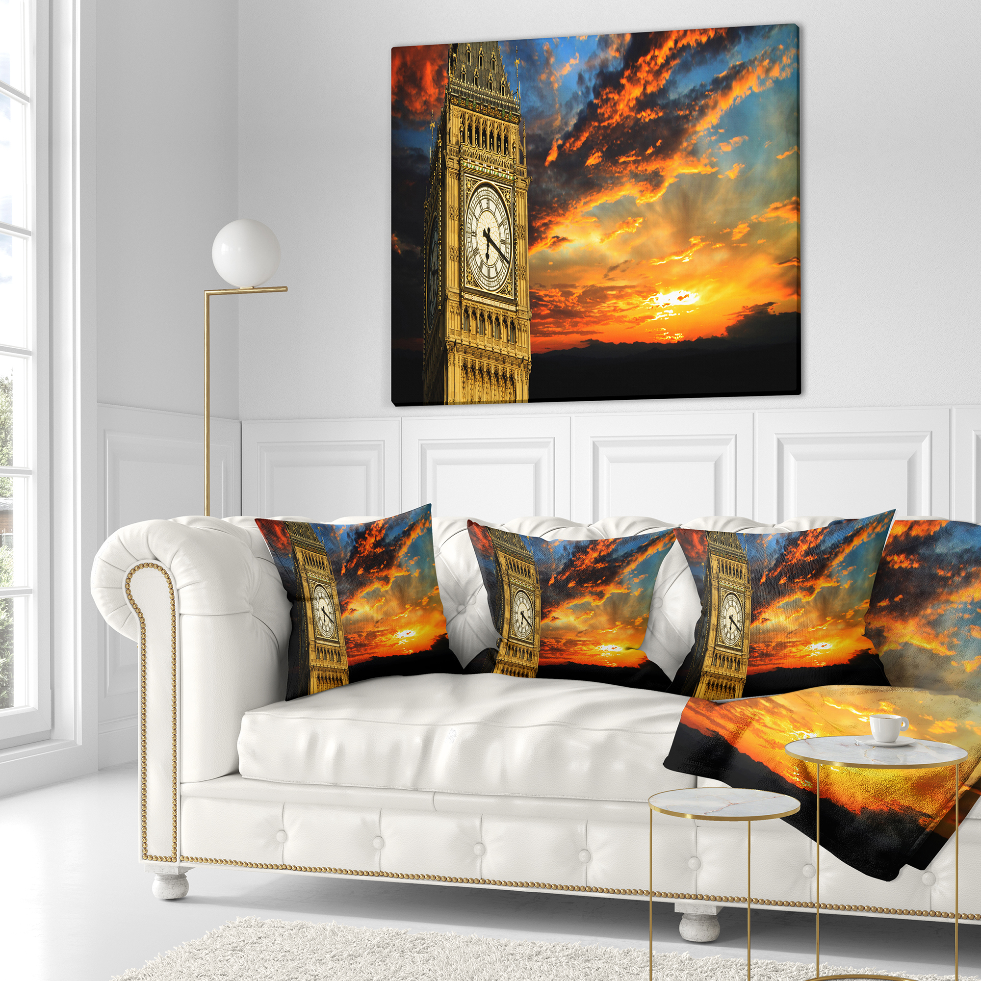 Designart Big Ben UK London at Sunset Panorama - Landscape Printed Throw Pillow - 18x18