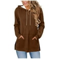 thumbnail image 3 of Women's Hooded Drawstring Pocket Long Sleeve Top Hoodie Sweatshirt Solid Color Classic Slit Hem Casual Loose Fit Warm Fall Winter Fashion | CSEONE,Brown XL, 3 of 9