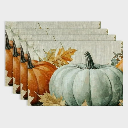 

Pratyus Pumpkins Leaves Tablecloth Placemats Set of 4 Linen Table Mats for Birthday Parties Christmas Restaurants Buffets & Home Decor 18x12in
