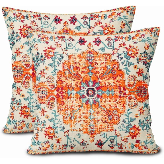 Orange Blue Ethnic Boho Pillow Covers 18X18 Inch Bohemian Carpet Vintage Couch Pillow Cases Rust Coral Floral Throw Pillows Set of 2 Rustic Home Decor for Living Room Bedroom Bed Cushion Outdoor
