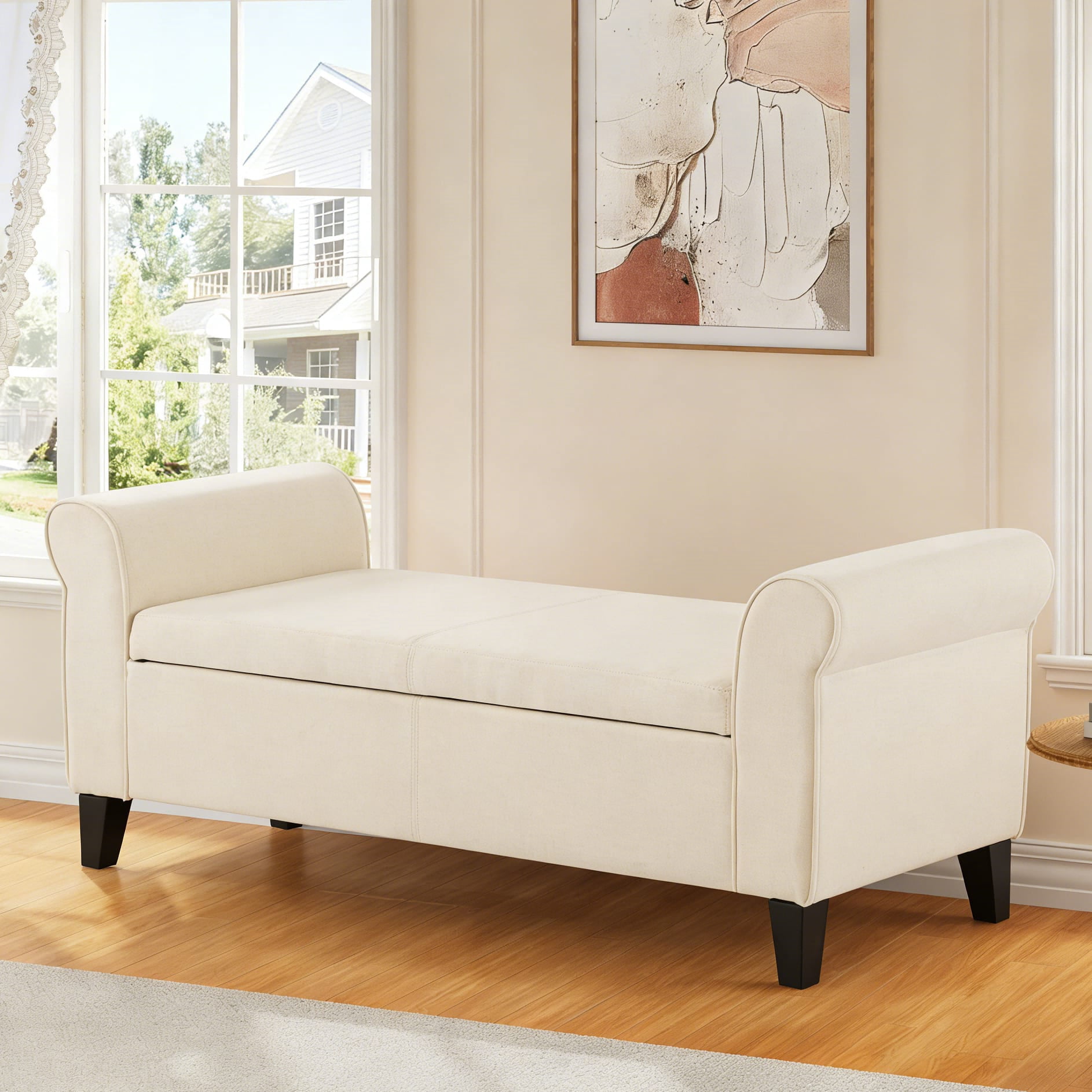 Gewnee 49.61" Flip Top Storage Bench, Linen Upholstered Solid Wood Frame Bench for Living Room and Bedroom, Beige