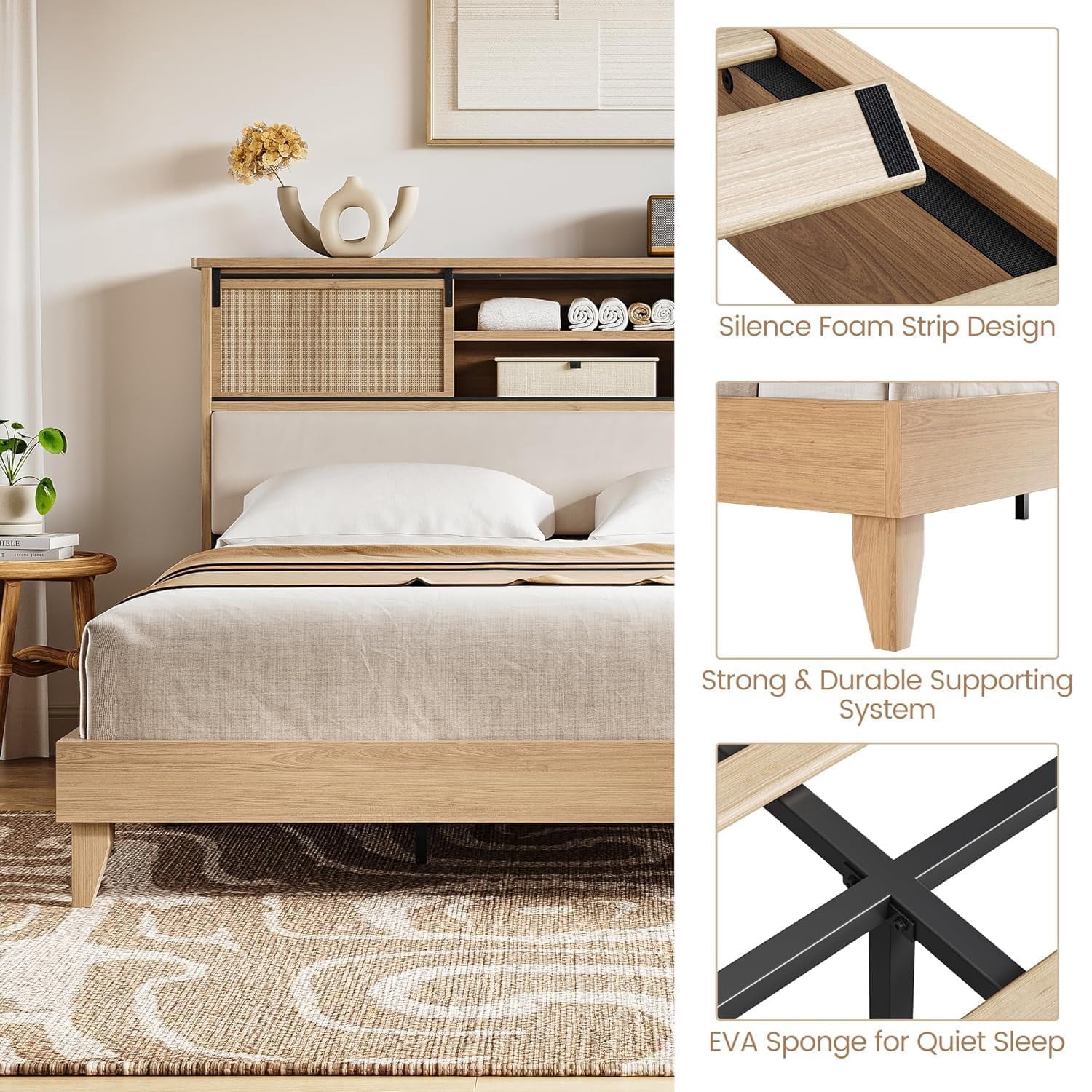Shininglove King Size Rattan Bed Frame with Storage – Boho-Chic Bedroom Furniture with Sliding Door Shelf, Solid Wood Slats, & No Box Spring Needed – Easy Assembly Natural Oak