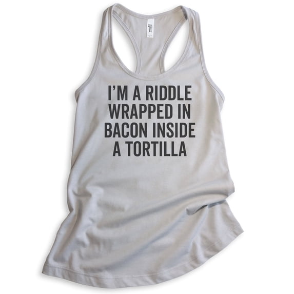 I'm A Riddle Wrapped In Bacon Tank Top, Ladies Racerback Tank Top, Bacon Tank, Taco Tank, Silver Gray, XX-Large