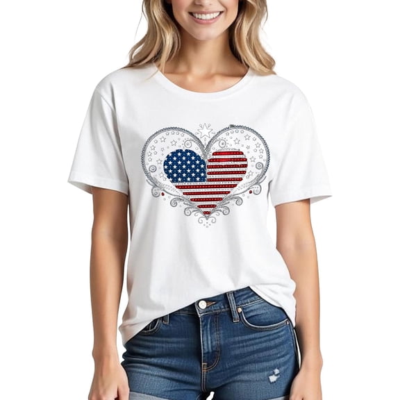 Xdegoge American Flag Patriotic 4th of July Sparkly Graphic T Shirt for Women Short Sleeve Crewneck Loose Casual Top USA Pride Summer Tee Holiday Party Fashion Shirts