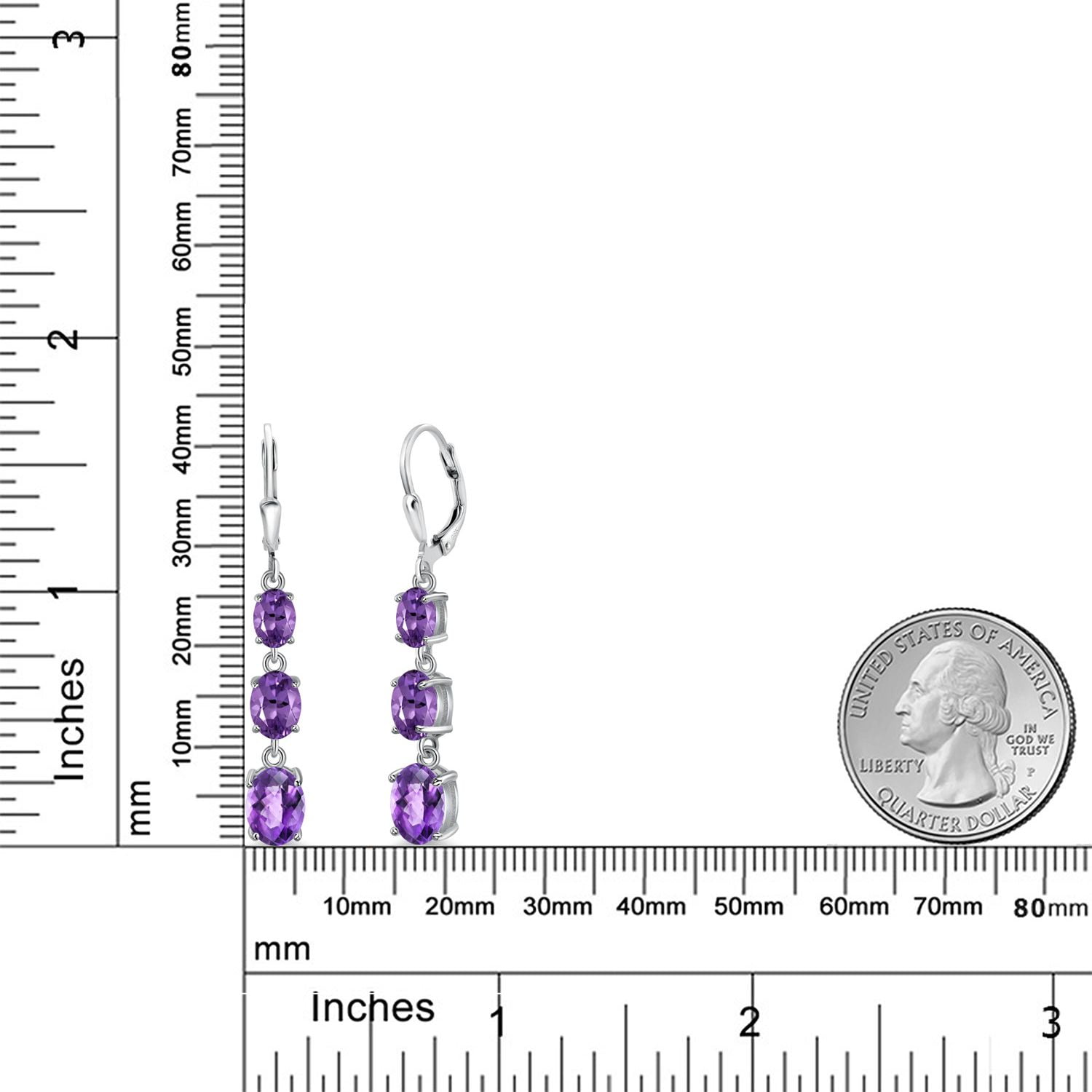 Gem Stone King 925 Sterling Silver Purple Amethyst 3 Stone Dangle Earrings for Women (4.80 Cttw, Gemstone February Birthstone, Oval Checkerboard 8X6MM, 7X5MM and 6X4MM)