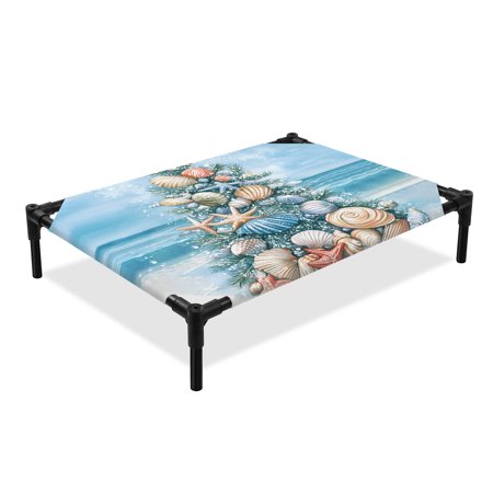 Summer Beach Elevated Dog Bed Shell Starfish Coastal Marine Life Tree Cooling Breathable Outdoor Raised Dog Cot Bed with Metal Frame Non-Slip Feet for Large Dog 28x22in