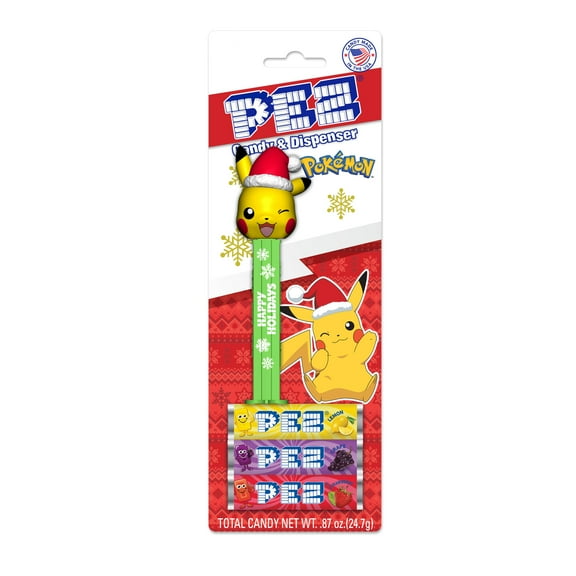 WM PEZ Christmas Pikachu Red Hat Blister, 1 Candy Dispenser Plus 3 Rolls Assorted Candy, Blister Card, 1 Count, 0.87 oz