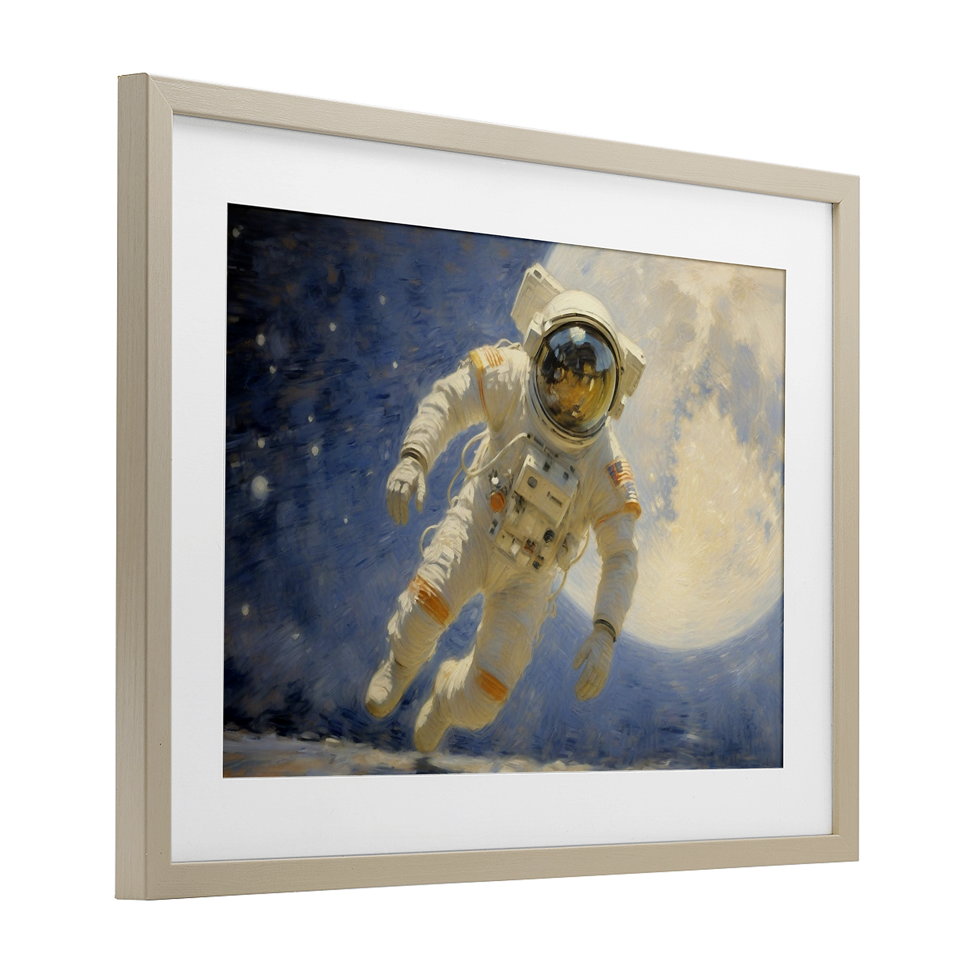 Astronaut in Vast Galaxy Birch Framed Print Under Glass, design by Angie Hawke