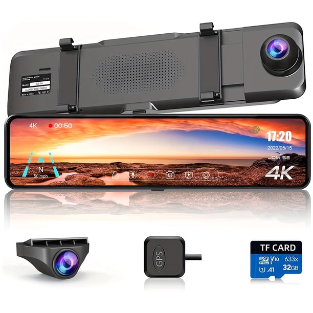 Cámara de tablero 4K con espejo frontal y trasero, cámara de espejo retrovisor para autos y camionetas con pantalla táctil IPS de 11", cámara de reversa con puerto tipo C y sensor Starvis