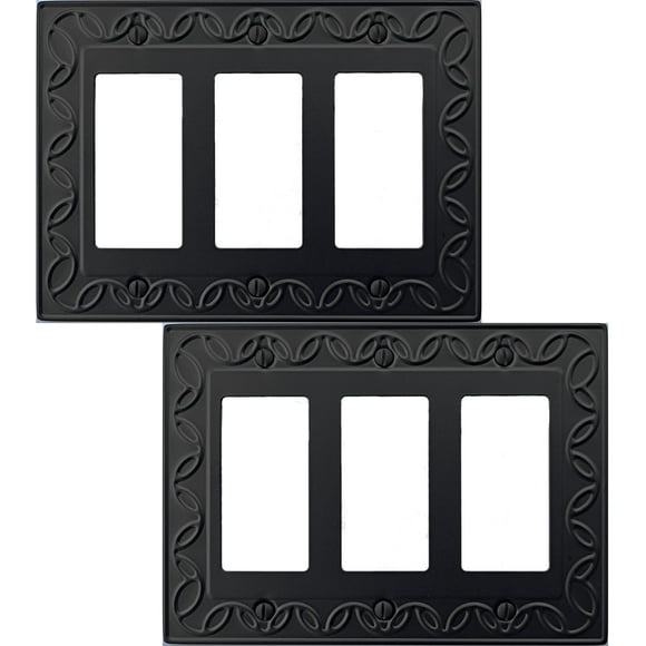 OKAWYC Triple Decorator Light Switch Cover NovaBloom Metal Wall Plate, 2-Pack Black 3 Gang Triple Rocker, Receptacle Dimmer Switch Cover GFCI Outlet Decorative Wallplate, Durable