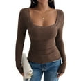 thumbnail image 3 of Womens Long Sleeve Shirts Square Neck Ribbed Knit Crop Tops Fall Outfits Fashion Clothes Brown L, 3 of 9