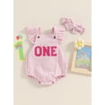 thumbnail image 2 of CIYCuIT 6M 12M 18M Baby Girls One Birthday Romper Ruffle Sleeveless Letter Embroidery Jumpsuit Infant Cute Backless Summer Bodysuit with Headband, 2 of 9