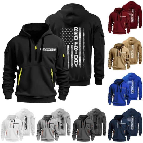 Men's RED FRIDAY Print Zip Up Hoodie with Arm Pocket, Casual Cardigan Style Sweatshirt, Large Size Fleece Jacket for Veterans Day, Christmas, Military Support,Black,L