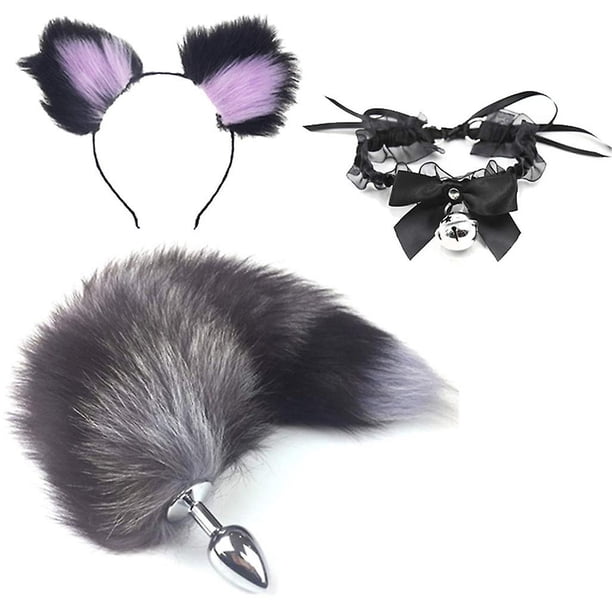 Silver Conjunto de disfraz de Cosplay para oreja de gato, aro de pelo de felpa metálica, tapón trasero extraíble