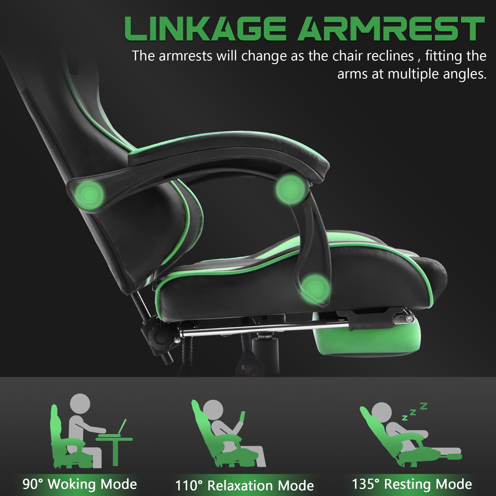 SOONTRANS Green Gaming Chair, Ergonomic Gamer Game Chair with Footrest & Massage Lumbar Pillow, High Back Reclining Office Vedio Computer Chair for Adult
