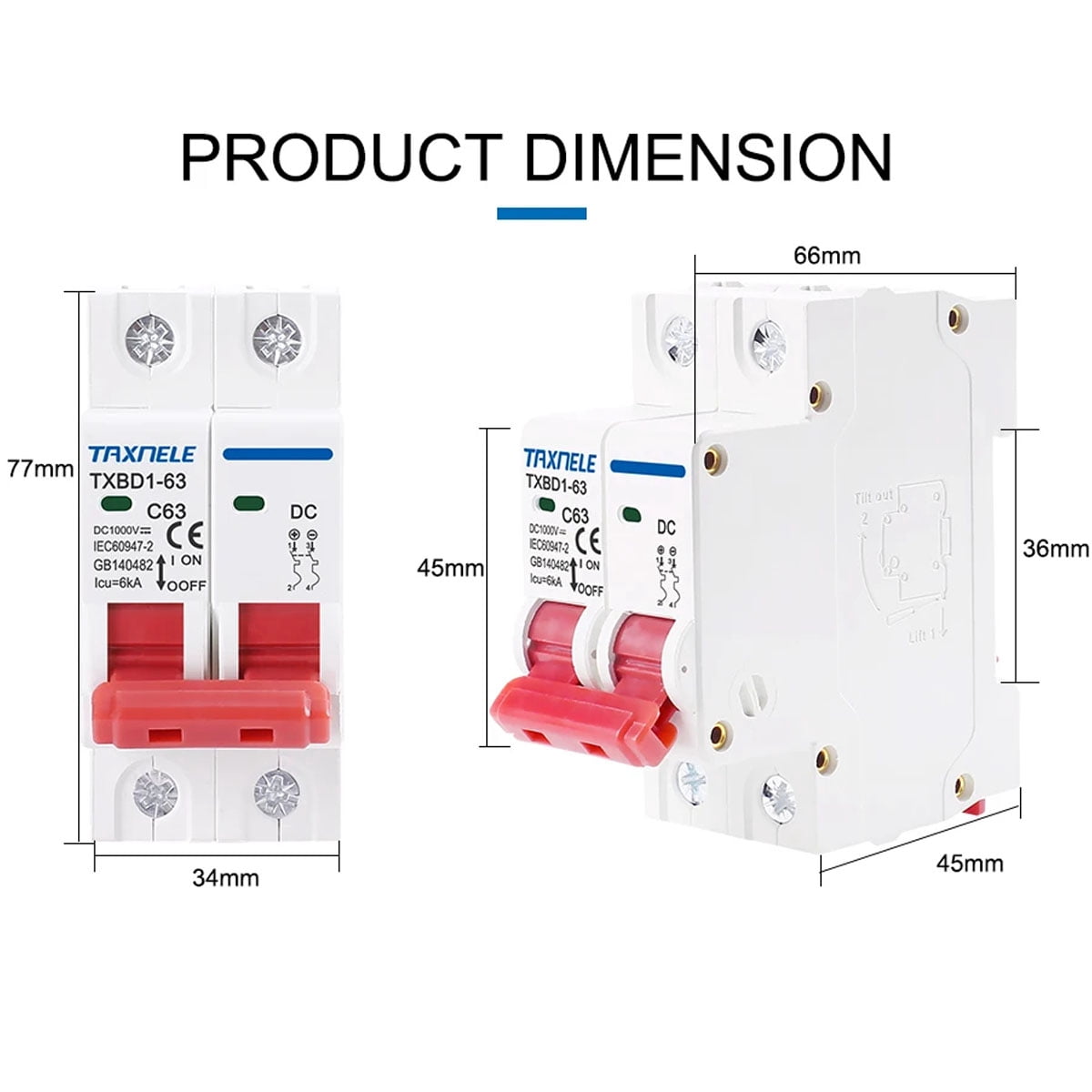 DC 1000V 2P Solar Mini DC Circuit Breaker Battery Switch 6A 10A 16A 20A 25A 32A 40A 50A 63A DC MCB for Photovoltaic PV System