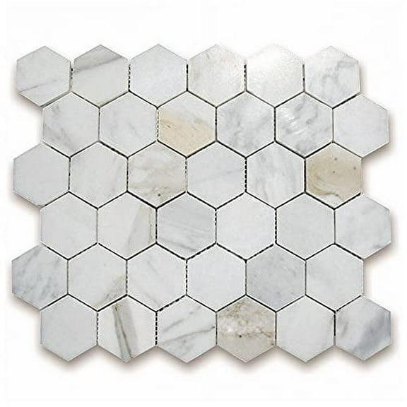 Stone Center Online Calacatta Gold Marble 2 inch Hexagon Mosaic Tile Polished Kitchen Bath Wall Floor Backsplash Shower (1 Sheet)