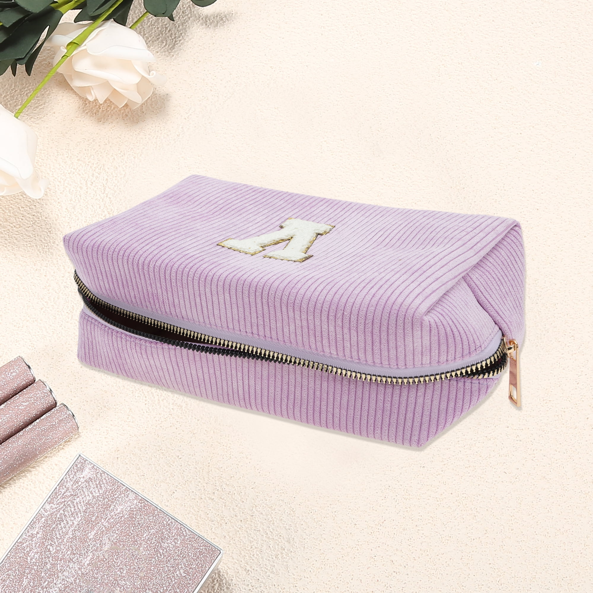 Unique Bargains 1 Pc Corduroy Rectangular Letter Makeup Bag Pink Purple [Letter V]