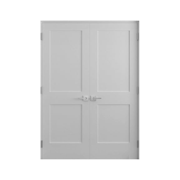 60 in. x 80 in. Bi-Parting Solid Core Primed Double Panel Double Prehung French Door Catch Ball and Satin Nickel Hinges