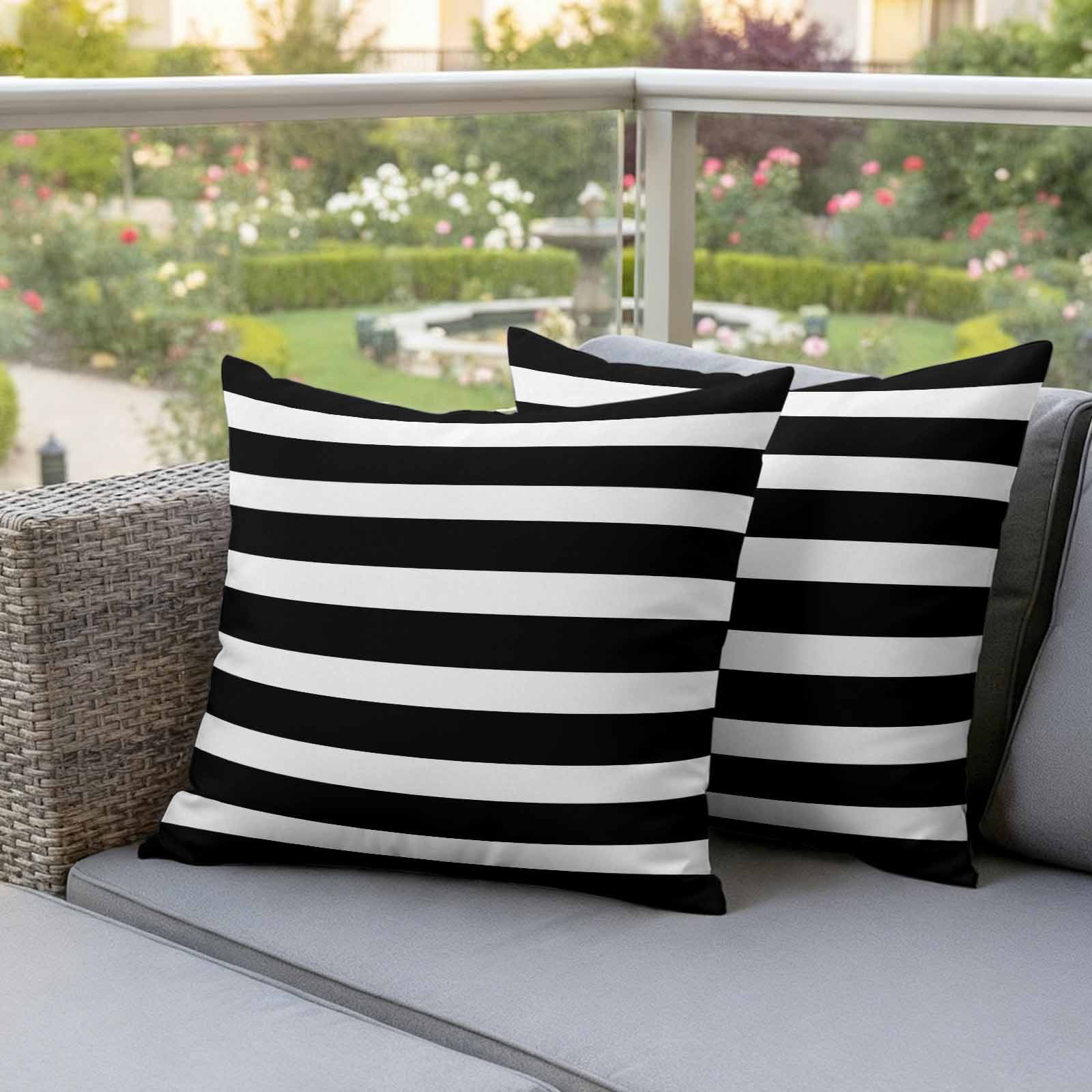 Black Striped Outdoor Waterproof Pillow Covers, Modern Simple Monochrome Geometric White Decorative Square Throw Pillowcase Sofa Cushion Sham for Patio/Couch/Chair, 16"x16" 2 Pack