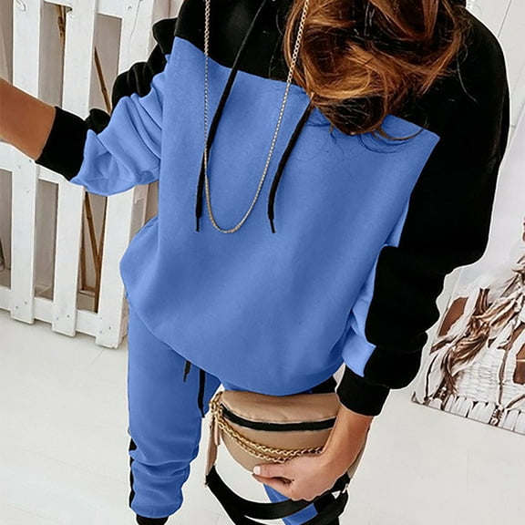 Women's Color Block Sweat Suit Set Sports Long Sleeve Two Piece Casual Wear
