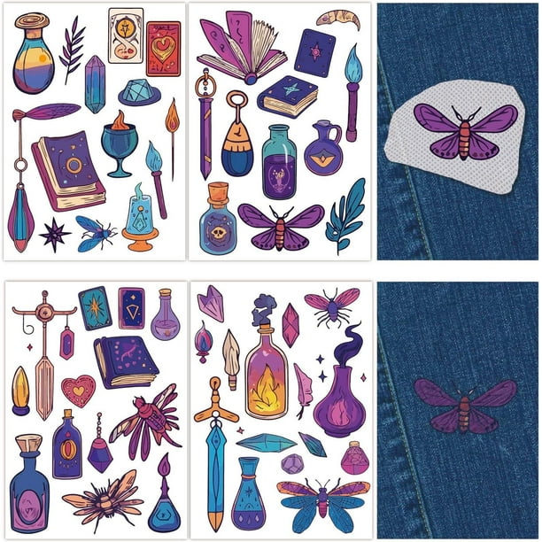 4 hojas de libros mágicos de tarot, patrones de bordado solubles en agua, transferencias de puntadas y costuras Boho Moth A4, estabilizadores de tela lavables, autoadhesivos preimpresos.