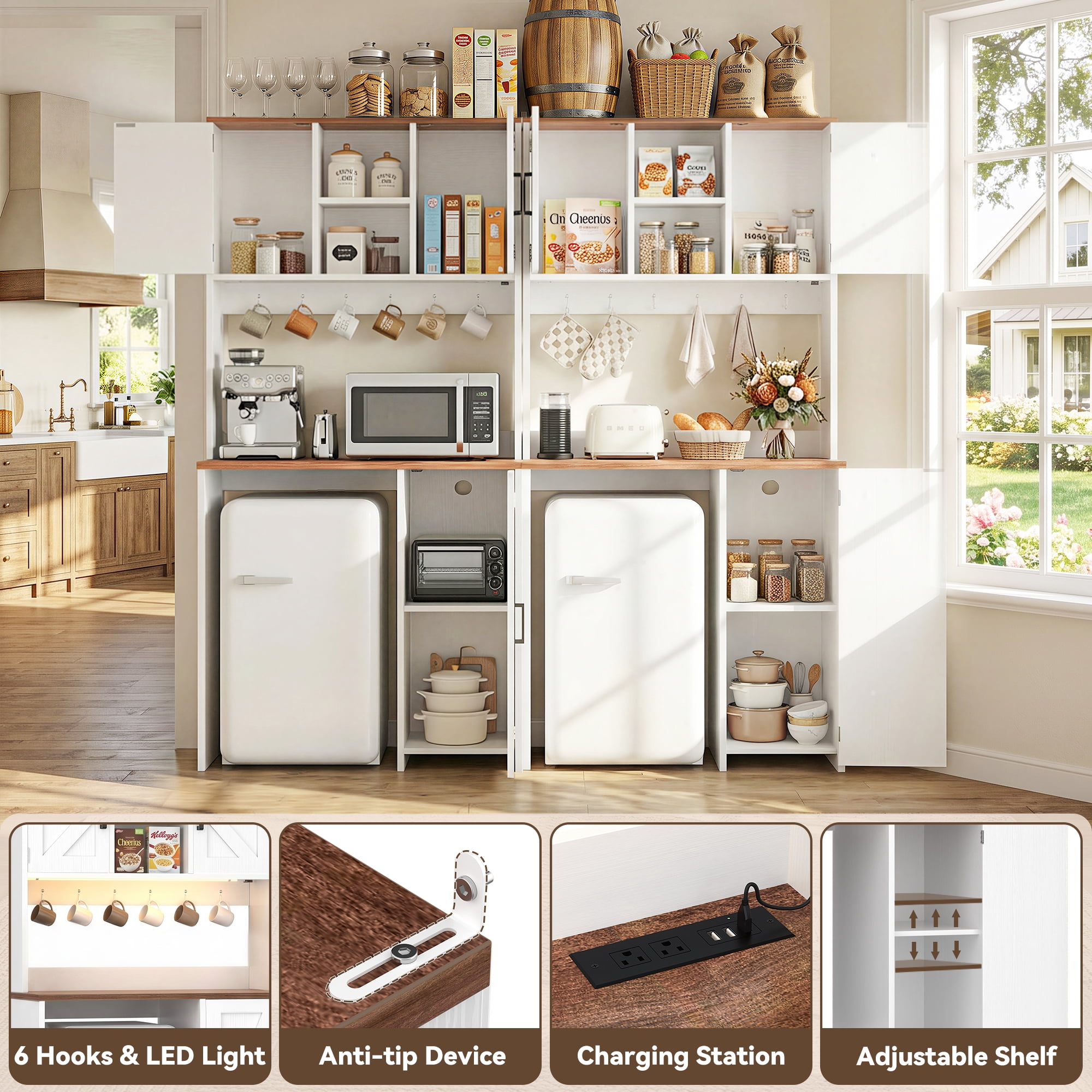 Homieasy 2-Piece Beverage Station Set - Mini Fridge Cabinet & Coffee Bar with Charging Hub, LED Light, Microwave Shelf & Wine Storage, Perfect for Kitchen, Dorm & Office,White