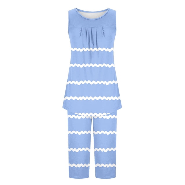 Summer Pajamas Womens Pajama Sets Pleated Tank Tops And Capris With Pockets Floral Soft Cute 2pcs Loungewear Features: