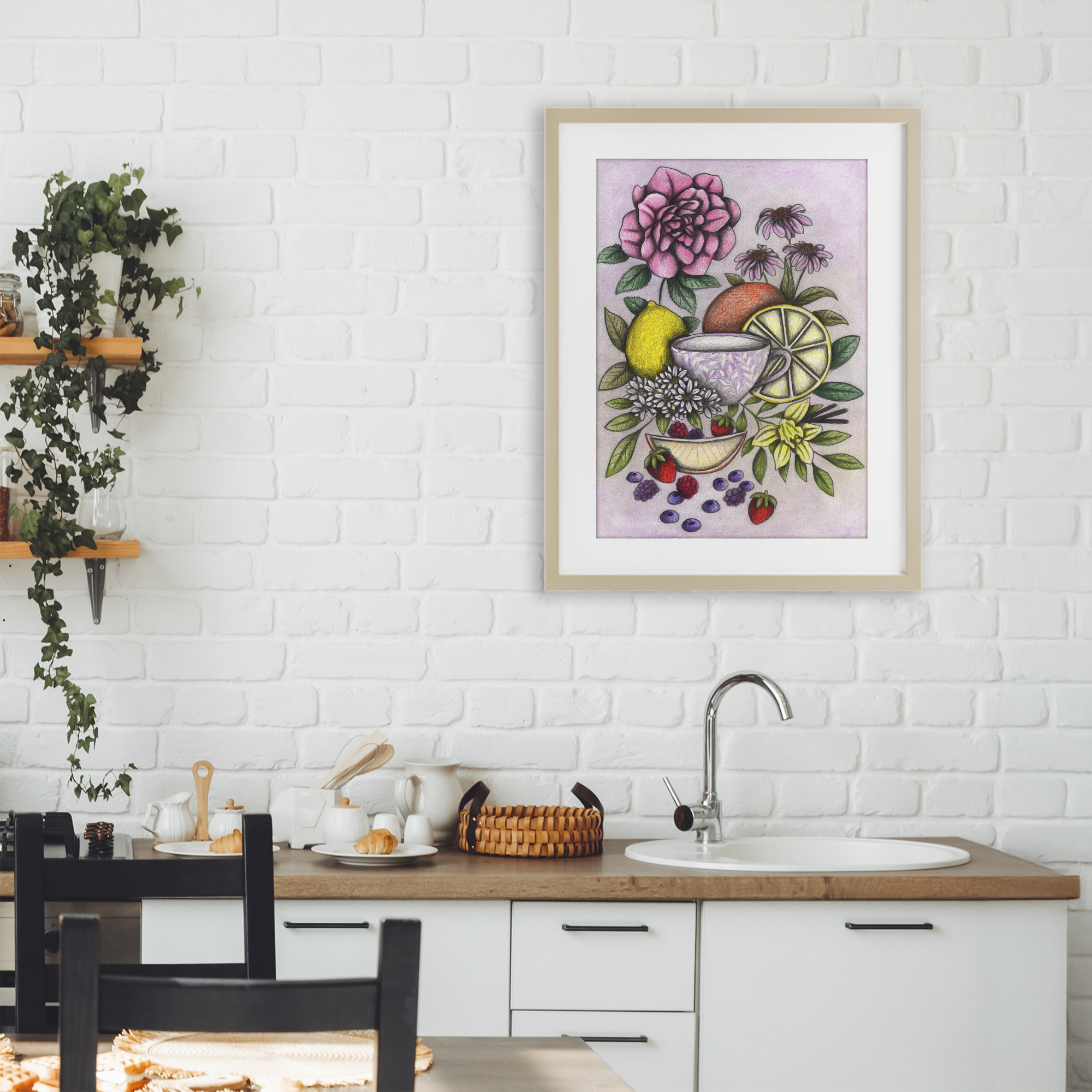 Rococo Tea with Fruits Birch Framed Print Under Glass, design by Cecilia Battaini
