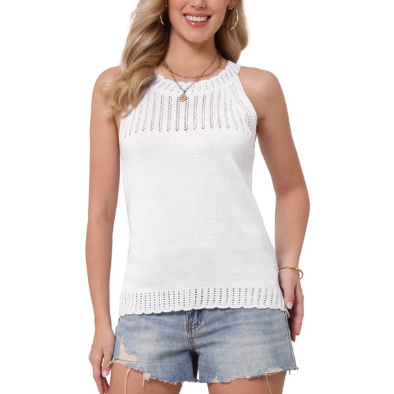 INSPIRE CHIC Crochet Knit Tank Tops for Women's Summer Casual High Neck Cami Sleeveless Sweater Vest Top S White