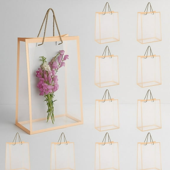 12 Transparent Floral Gift Bags with Handles, Pink Edges, Perfect for Bouquets, Suitable for Mother's Day, Weddings, Birthdays, Anniversaries, Housewarming, Valentine's Day, Flower Bags