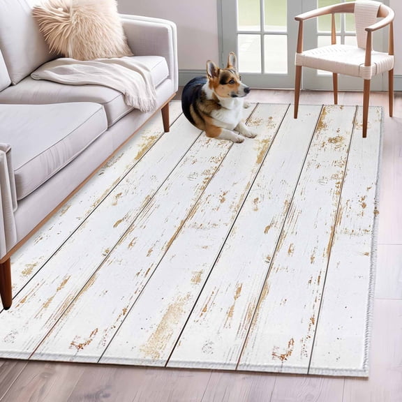 4'x6' Area Rugs, White Wooden Plank Indoor Outdoor Area Rug for Living Room Bedroom, Country Vintage Farmhouse Wood Grain Washable Bathroom Rugs Kitchen Floor Carpet Mats Home Decor Aesthetic