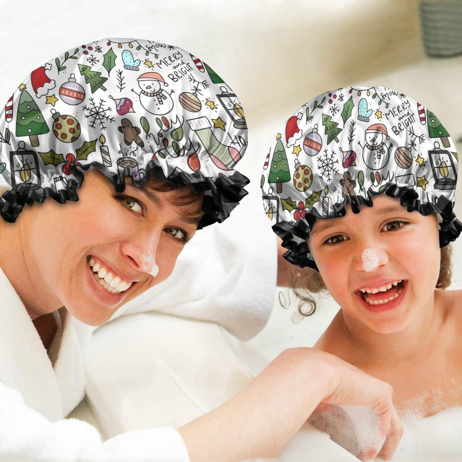 Shower Caps,Multicolor Christmas Pattern Waterproof Shower Cap for Women 4 Pieces,Double Reusable Hair Cover for Shower PEVA Elastic Stretch Hem