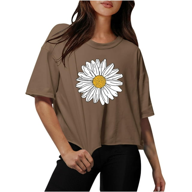 Women Drop Shoulder Round Neck Oversized Crop Tops Workout Tops Tees