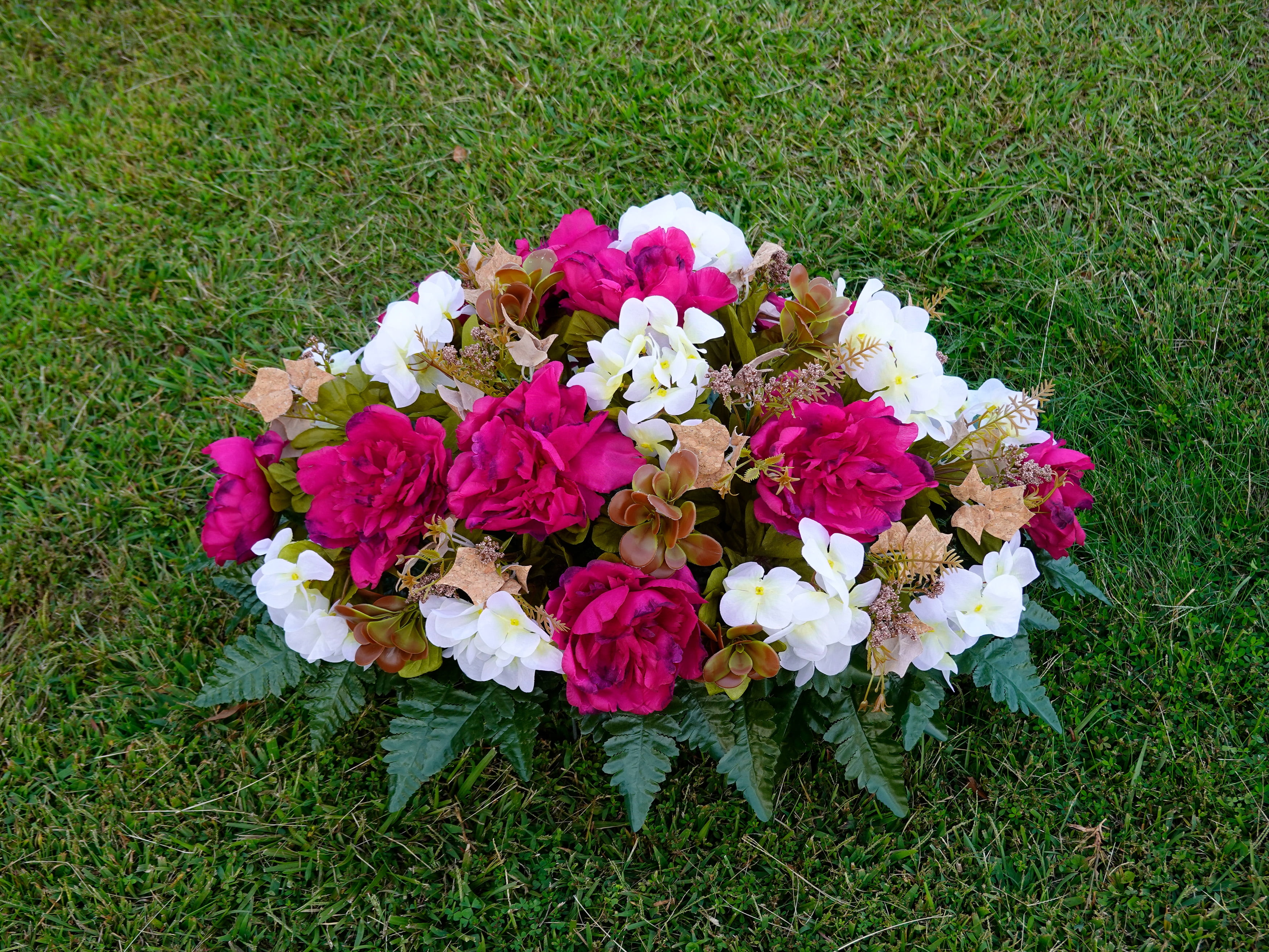 Sympathy Silks Artificial Cemetery Flowers Plum Peony and White Hydrangea Saddle for Headstone