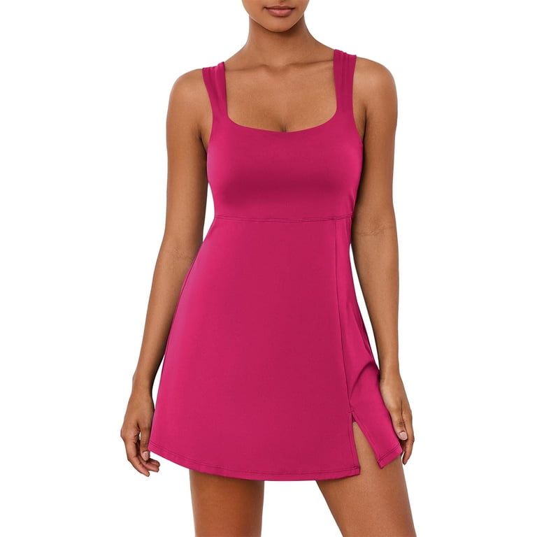hot pink athletic dress CCRFTGI Athletic Dress for Women with Built In Shorts Summer Womens Tennis Dress Sleeveless Square Neck Golf Active Dresses with Pockets Hot Pink S,