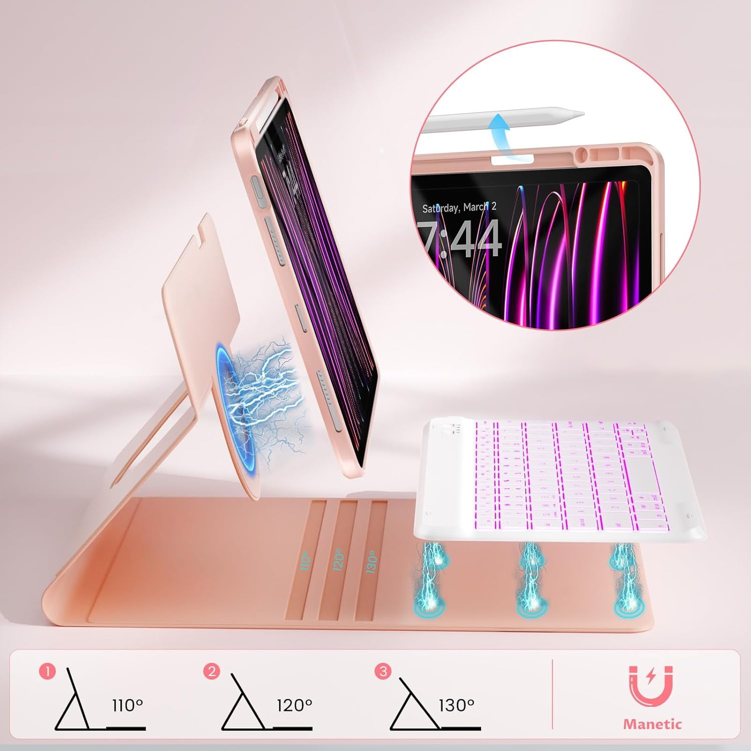 iPad Pro 12.9 6th/5th/4th Generation Case with Keyboard(2022/2020/2021), 360°Smart Protective Folio Cover with Magnetic Detachable Wireless Keyboard, Built-in Pencil Holder (Pink)